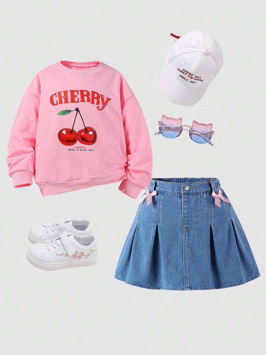 2pcs/Set Tween GirlsSweatshirt Outfit, Casual & Fashionable Sweet Style, Cherry Print Pink Crew Neck Pullover Sweatshirt & Simple Versatile Sweet Bow Skirt, Suitable For Daily Wear, School, Gathering - Pink - View 1