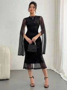 DAZY Đầm midi dài tay xẻ tà phối họa tiết cho nữ, mùa thu, đầm dạ hội sang trọng đính sequin, đầm dự tiệc đêm giao thừa, đầm lấp lánh. - màu đen - Xem 7
