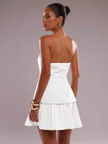 SHEIN BAE 女士优雅纯色褶边抹胸迷你连衣裙，夏季 - 白色 - 查看 2