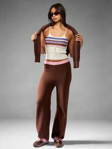 MISSGUIDED Pantalones palazzo de pierna ancha de punto acanalado, ropa de estar en casa retro de cintura alta, pantalones casuales elásticos cómodos y acogedores para otoño e invierno - Multicolor - Ver 1