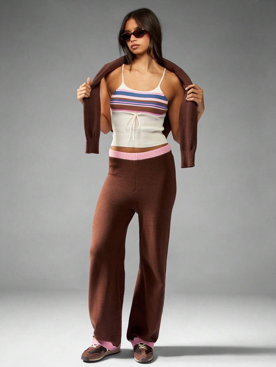 MISSGUIDED Pantalones palazzo de pierna ancha de punto acanalado, ropa de estar en casa retro de cintura alta, pantalones casuales elásticos cómodos y acogedores para otoño e invierno - Multicolor - Ver 1
