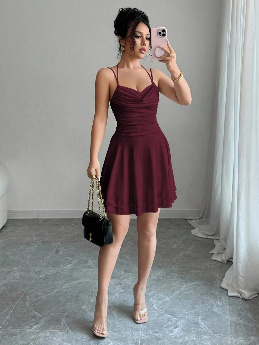 Chiquease 红棕色性感露背无袖褶皱连衣裙，约会夜礼服，俱乐部礼服，生日礼服，返校服装，街头服饰，派对必备，时尚秋季，复古时尚连衣裙，浪漫连衣裙，Y2K 风格，时尚，畅销酒红色迷你连衣裙优雅迷你连衣裙细肩带迷你连衣裙 - 紅木色 - 查看 1