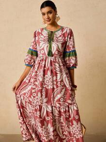 Travachic Plus Size Women's Pink & Green Tropical Plant Print Maxi Dress, V-Neck Tie Bow Long Sleeve Loose Casual Dress, Early Autumn Boho Dress Women Summer Dresses For Women With Sleeves Resort Dresses For Women Floral Print Dress French Dresses For Women Autumn Dress Going Out Dress Fall Clothes Fall Clothes Plus Size Autumn Clothes Wedding Guest Dress Elegant  Old Money Beach Outfits For Woman Resort Wear Women Ibiza Outfit