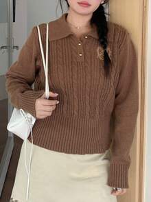Dazy Plus Embroidered Pattern Half-Zip Collar Collegiate Style Cropped Long Sleeve Plus Size Women Casual Sweater, Autumn School - Khaki - View 6