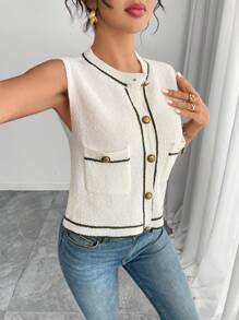 Elenzga 商务休闲女装秋季服装，撞色无袖单排扣针织背心，适合大学校园穿着 - 米色 - 查看 5