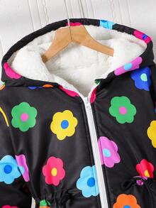 Abrigo con capucha de piel sintética con estampado floral colorido casual para niñas, adecuado para uso diario y para ir al trabajo, otoño/invierno - Multicolor - Ver 3