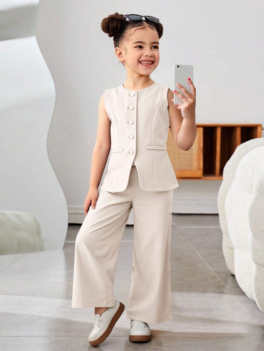 SHEIN 年轻女孩通勤休闲纯色梭织无袖圆领上衣和直筒裤套装，法式 - 杏色 - 查看 1