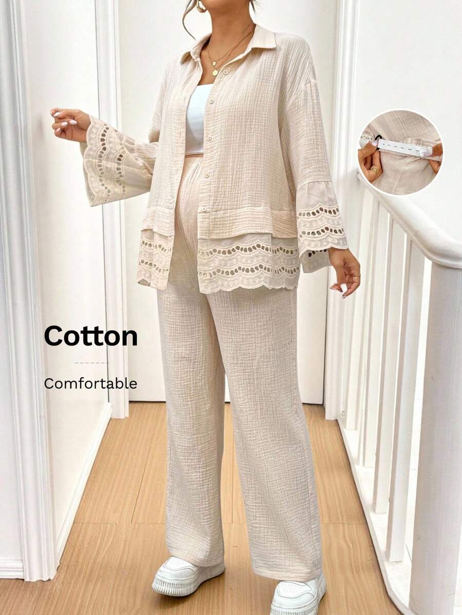 SHEIN Summer Casual Maternity 2 Pieces Set,Patchwork Embroidered Drop Shoulder Button-Up Shirt & Pants Beige Linen Cotton Modest Comfy Cottagecore Clothes - Khaki - View 1