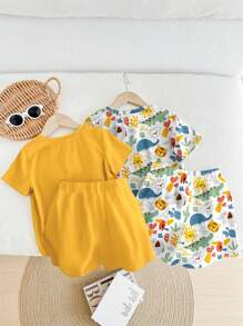 Bubblio 2件套卡通猎豹、大象、鳄鱼、鲸鱼、老虎印花宽松休闲家居服，柔软舒适的儿童精选系列，日常基本款，快乐的孩子，柔和的色彩，适合夏季 - 彩色 - 查看 3