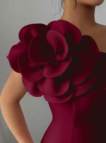 Modelyn Vestido de fiesta elegante francés con hombros oblicuos y decoración floral para mujer - Burdeos - Ver 6