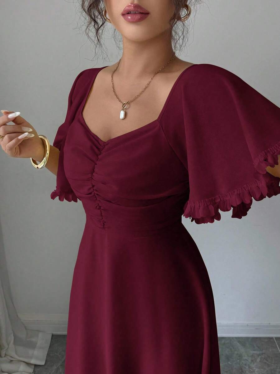 Modelyn Women's Solid Buttercup Yellow Chiffon Ruffle Sleeve Design Summer French Style Vacation Dress - Burgundy - View 1