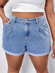 SHEIN Tall CURVE 大码夏季休闲水洗牛仔短裤 - 藍色 - 查看 3