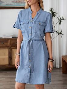 EMERY ROSE 女式V领单排扣短袖休闲宽松牛仔连衣裙