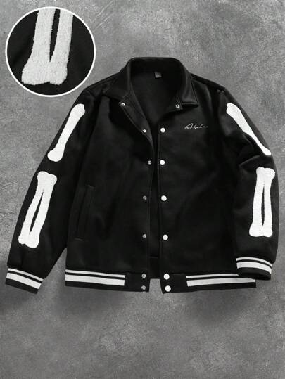 Manfinity EMRG Chaqueta universitaria de manga larga con ajuste regular y estilo, con patrón de bloques de color y detalles de bolsillo, disfraz de Halloween de manga larga para hombres, moda Y2K, ropa de calle, de vuelta a la escuela, regalos para novios, chaqueta universitaria negra, chaqueta universitaria de manga larga para hombres, chaqueta de béisbol, estilo grunge, otoño