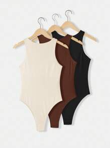 SHEIN BASICS Bộ 3 áo liền quần dệt kim màu trơn không tay cổ tròn thoải mái cho nữ - màu nâu - Xem 2
