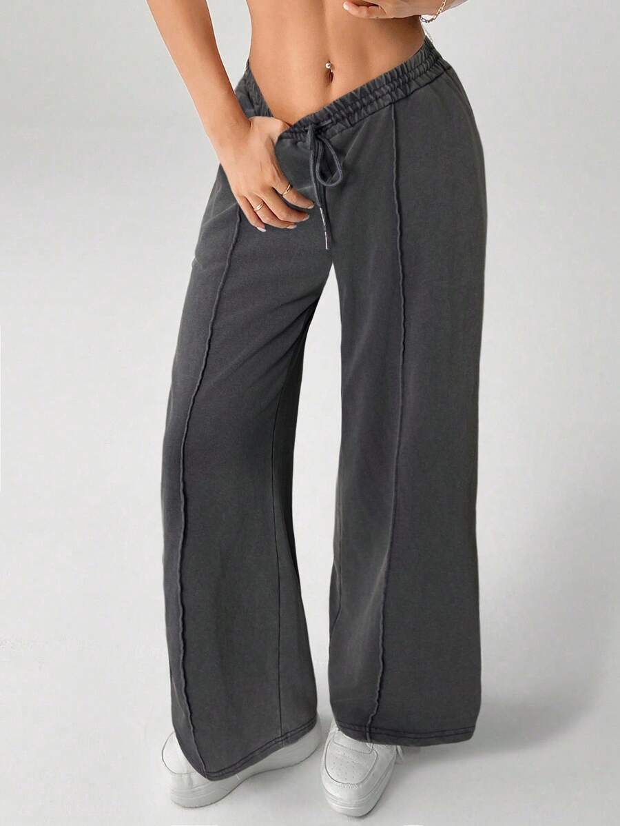 SHEIN PETITE Snow-Washed Women's Drawstring Wide Leg Sweatpants Baggy - Dark Grey - View 1