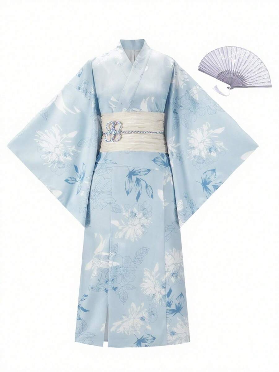 Irokai 日本女士印花传统和服浴衣两件套，夏季节日 - 藍色 - 查看 1