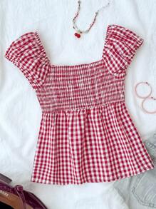 SHEIN Tween Girl Casual Minimalist Comfortable Plaid Back Strap Shirt