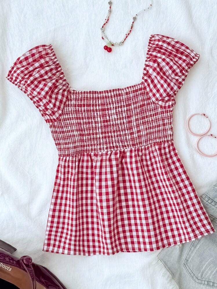 Tween Girl Casual Minimalist Comfortable Plaid Back Strap Shirt - Red and White - View 3