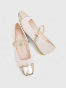 CUCCOO BIZCHIC 女式拼色方头扣带平底玛丽珍鞋 - 米色 - 查看 6