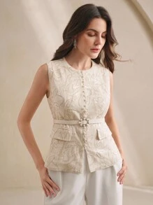 Anewsta Elegante e Fashionable Colete Slim Fit de Luxo com Bordado de Lantejoulas, Cor Damasco, Adequado para Primavera e Outono