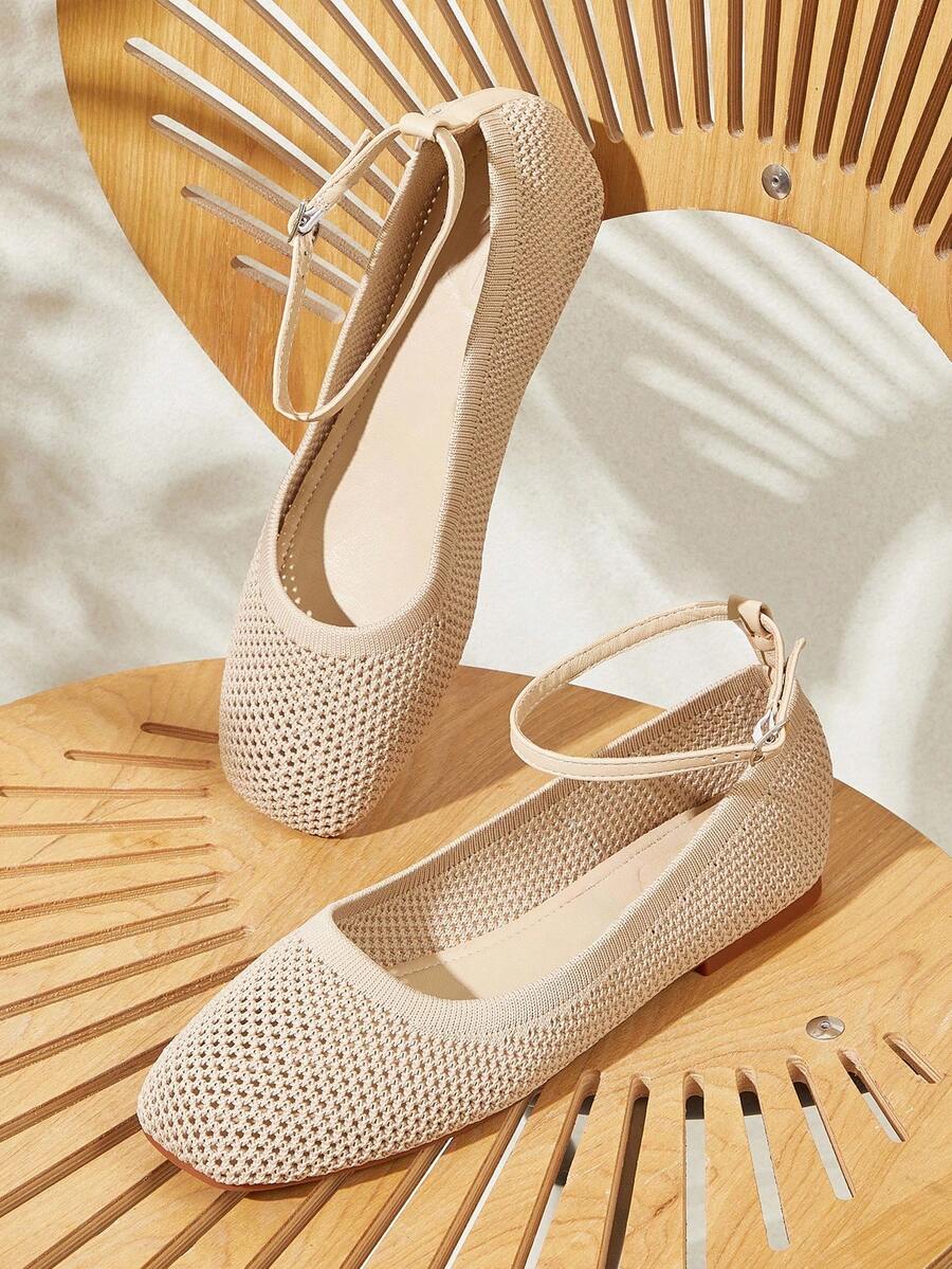 CUCCOO BASICS Cómodos mocasines planos de tela de malla color albaricoque con punta cuadrada, para mujer