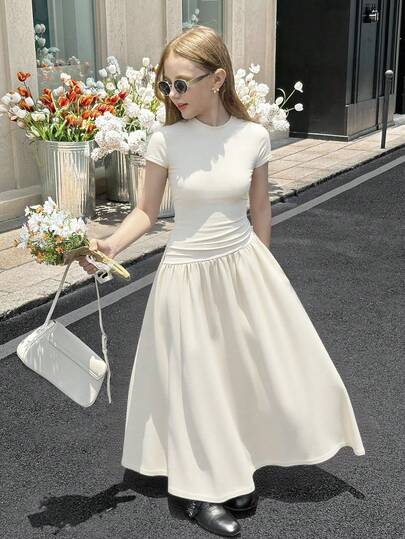 SHEIN Tween Girls Simple Elegant Daily Wear Chic Solid Beige Color Short Sleeve Slim Fit Stand Collar Asymmetrical A-Line Waist-Cinched Long Dress, Spring/Summer, A-Line Dress For Tween Girls In Apricot Color, Beige Dress For Teen Cream Dress For Teen Champagne Teen Dress For Church Cute Girl Cream Dress Elegant Cream Dress