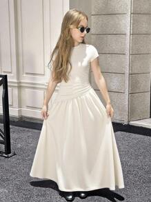 SHEIN Vestido largo asimétrico de línea A con cintura ceñida, de manga corta, ajustado, de cuello alto y color beige sólido, elegante y sencillo para uso diario casual de niñas preadolescentes, primavera/verano