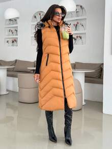 EURMUSE Women Long Fake Fur Hooded Padded Vest, Winter Coats - Mustard Yellow - View 5