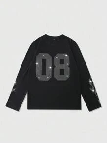 ROMWE MEN Prep Men's Rhinestone Embellished Long Sleeve T-Shirt - Black - View 2