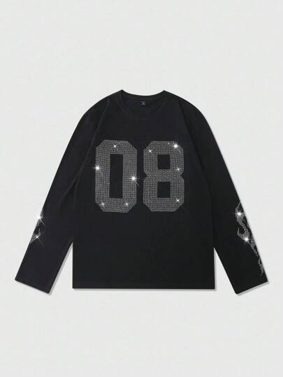 Street Life Camiseta de manga larga con adornos de rhinestone para hombre, diseño de dígito "08" oversize, de moda para salidas y reuniones casuales