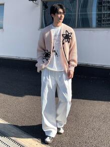 Manfinity Hypemode 男士花卉图案长袖单排扣休闲开衫 - 杏色 - 查看 6
