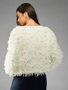MISSGUIDED 毛茸茸的毛圈针织开衫秋冬超大毛衣，带流苏细节长袖前开式时尚针织衫 - 白色 - 查看 2
