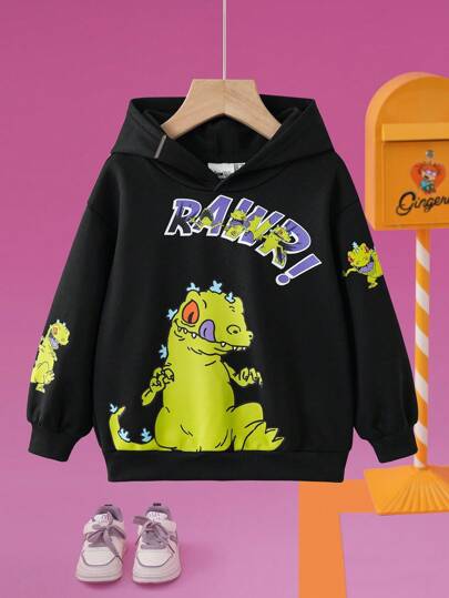 Nick 90s | SHEIN 男童休闲街头卡通恐龙字母印花落肩宽松3D细节卫衣，春秋季
