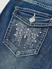 Girlism Teen Girls Fashion Casual Y2k Vintage Cool Street Returns To School College Sparkling Hot Diamond Butterfly Embroidery Pattern Design Blue Denim Stretch Tight Flared Jeans For Teen Girl Clothes Teen Girls Soft Dailywear And Teen Girl Winter And Fall Rave Outfits Festival And Outfits Streetwear School Clothes - Blue - View 4