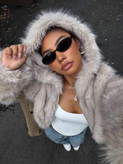 SHEIN EZwear 冬季新款女士人造毛皮连帽短款夹克