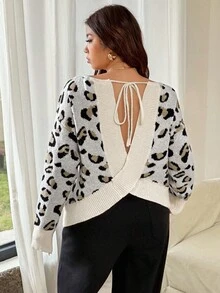 Vionelle Plus Size Women's French Style Loose Fit Leopard Print Pullover Sweater, Fashion Versatile Casual & Work Wear Leopard Print Top Leopard Print Sweater Animal Print Top Tie Back Top Open Back Top Fall Winter Cloth For Women Autumn - Multicolor - View 3