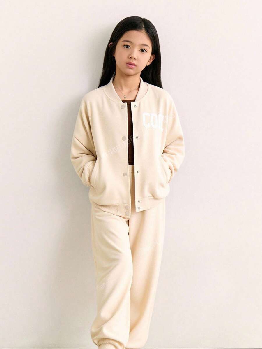 Tween Girl Casual Knit White Solid Stand Collar Long Sleeve Sweatshirt Set,Mommy And Me Matching Outfits,Autumn Back-To-School Winter Outfits,School - Beige - View 1