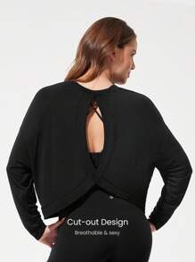 GLOWMODE 莫代尔超大长袖T恤，背部有锁孔，低冲击瑜伽日常休闲 - 黑色 - 查看 3