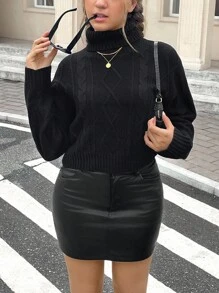 SHEIN Teen Girls' Solid Color High Neck Twist Stripe Cropped Sweater,In Fall/Winter - Black - View 1