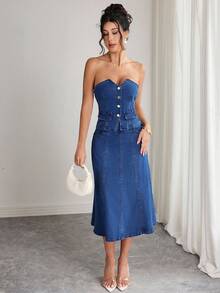 Elenzga Women's Solid Color Casual Denim Tube Dress - Medium Wash - View 3