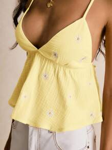Poéselle Áo hở lưng thêu hoa giản dị dành cho nữ khi đi nghỉ - Màu vàng - Xem 3
