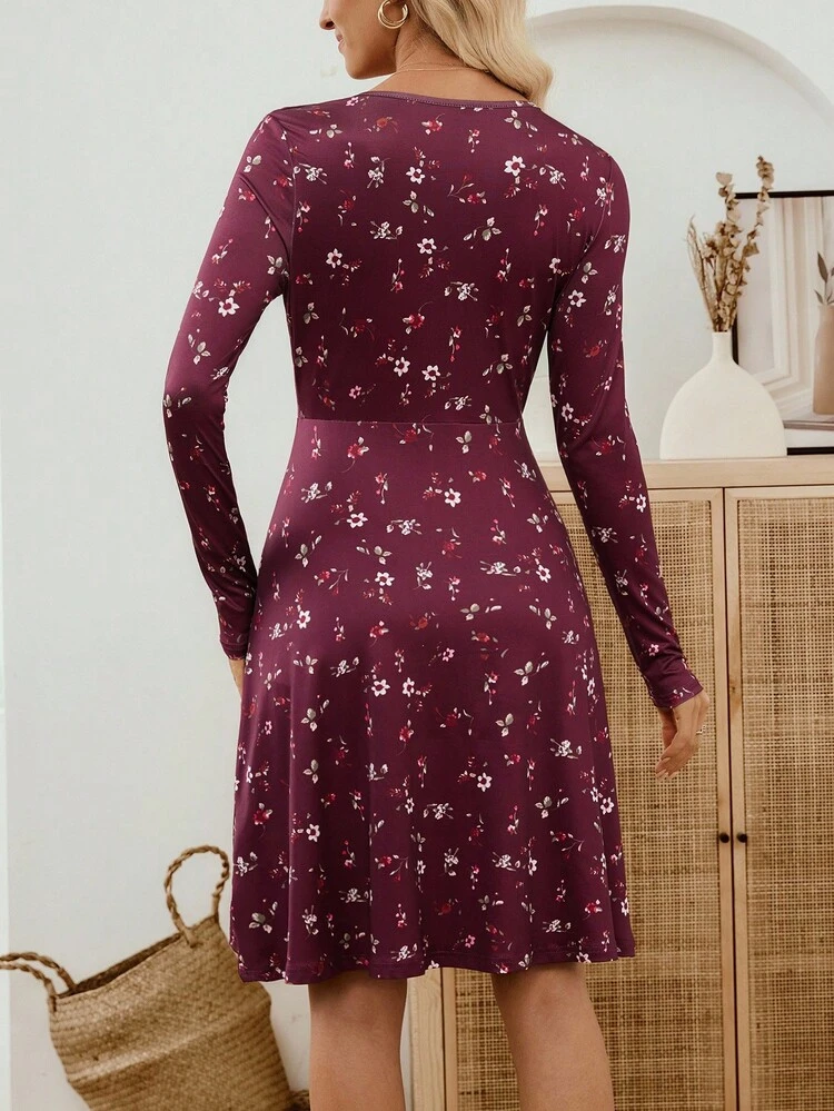 Women's Casual V-Neck Long Sleeve Short Dress With Printed Pattern, Summer Wine Floral Dress Long Sleeve Floral Dress Burgundy Floral Dress Fall Floral Dress Autumn Floral Dress