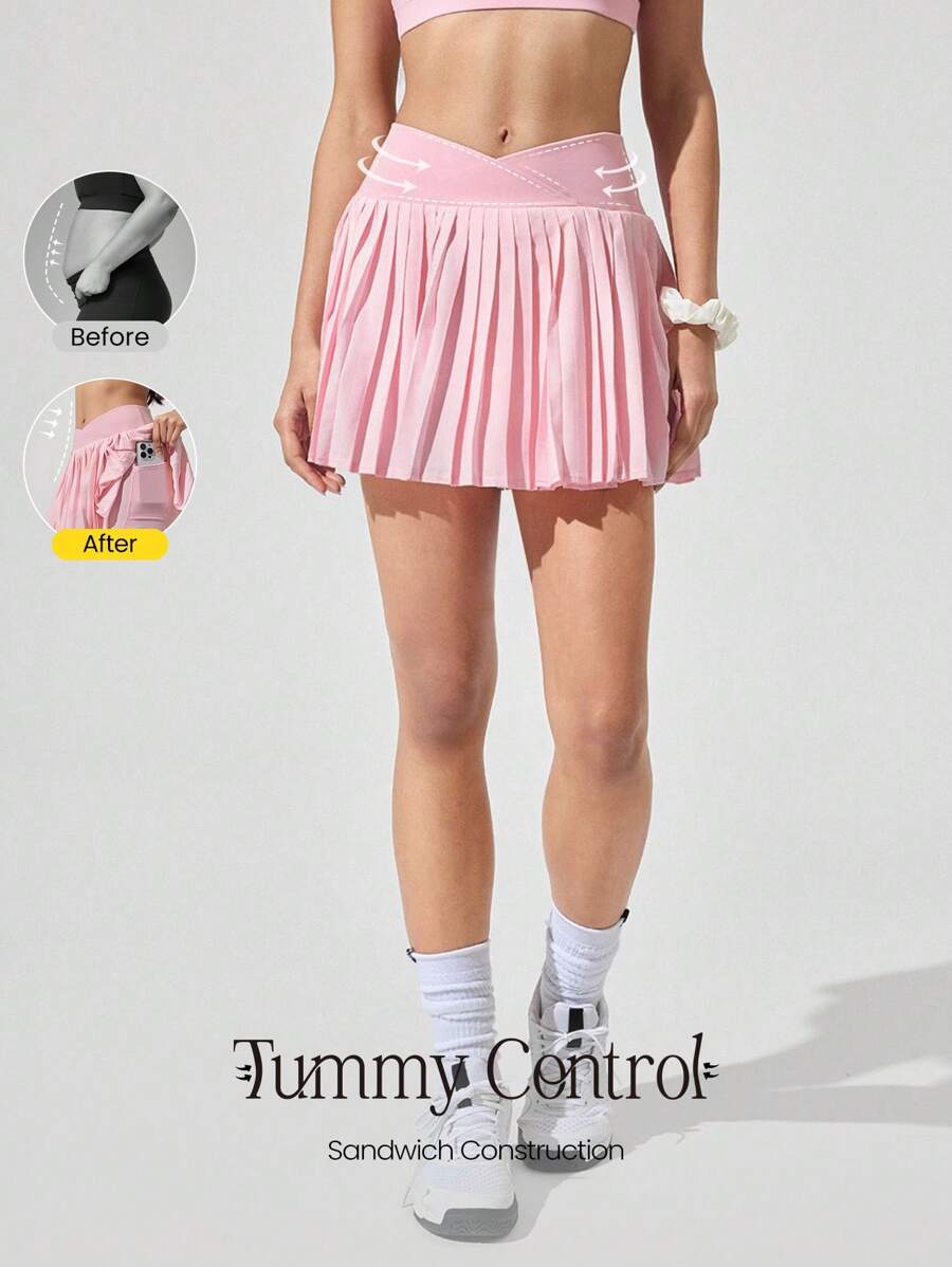 GLOWMODE Let's Play Sweat-Wicking Stretchy Mid-Rise Crossover Waist Pleated Tennis Skirt With Built-In Shorts Side Pockets Tennis Golf Daily