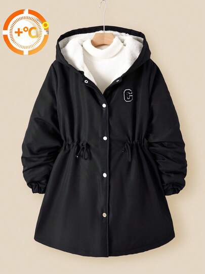 SHEIN Explorewe 少女休闲简约加厚连帽外套，胸前字母刺绣，松紧腰带，适合秋冬季外出、上学、通勤、旅行