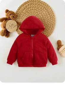 女婴长袖休闲日常纯色拉链卫衣，春秋季幼儿拉链卫衣红色抓绒外套拉链卫衣秋冬 - 紅色 - 查看 6