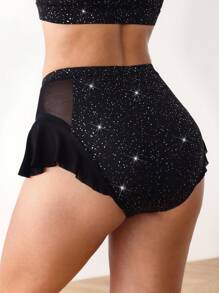 Menodora SHEIN Sport 女式亮面印花撞色网眼荷叶边运动三角裤 - 黑色 - 查看 2