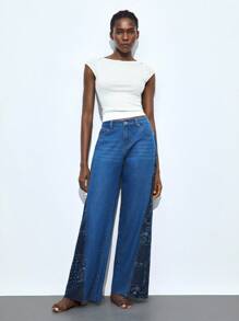 Maija Jeans de pierna ancha con estampado de patchwork de moda casual para mujer