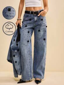 Muvela 女式休闲花卉装饰口袋阔腿牛仔裤 - 中等水洗藍 - 查看 3