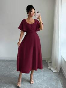 Modelyn Women's Solid Buttercup Yellow Chiffon Ruffle Sleeve Design Summer French Style Vacation Dress - Burgundy - View 3